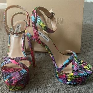 Steve Madden neon rainbow snake print heels